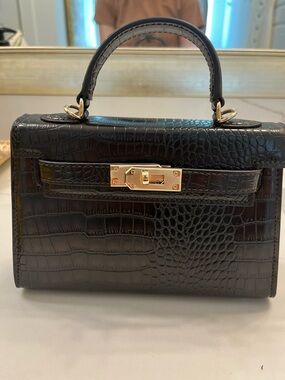 Chocolate Brown/Black Croc-Embossed Mini Top-Handle Bag with Gold Hardware